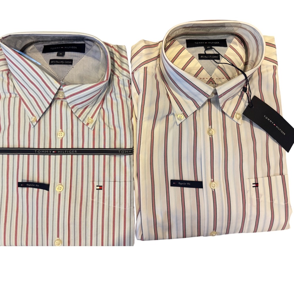 Bundle 2Tommy Hilfiger Mens Regular Fit Striped Button Down Shirt 80s Cotton M